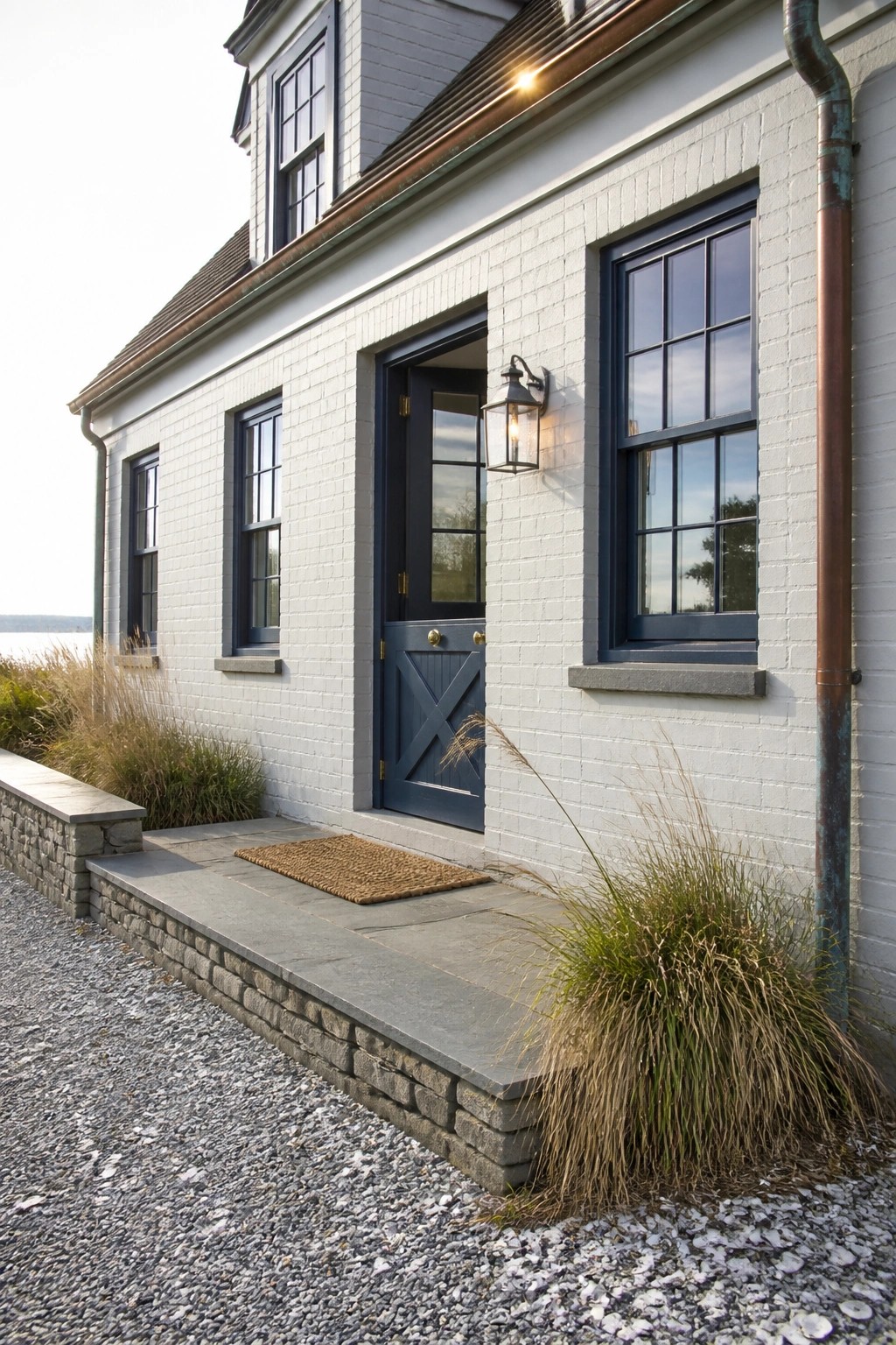 White painted brick farmhouse exterior with dark navy door and windows, stone steps, and a gravel path beside low grasses.