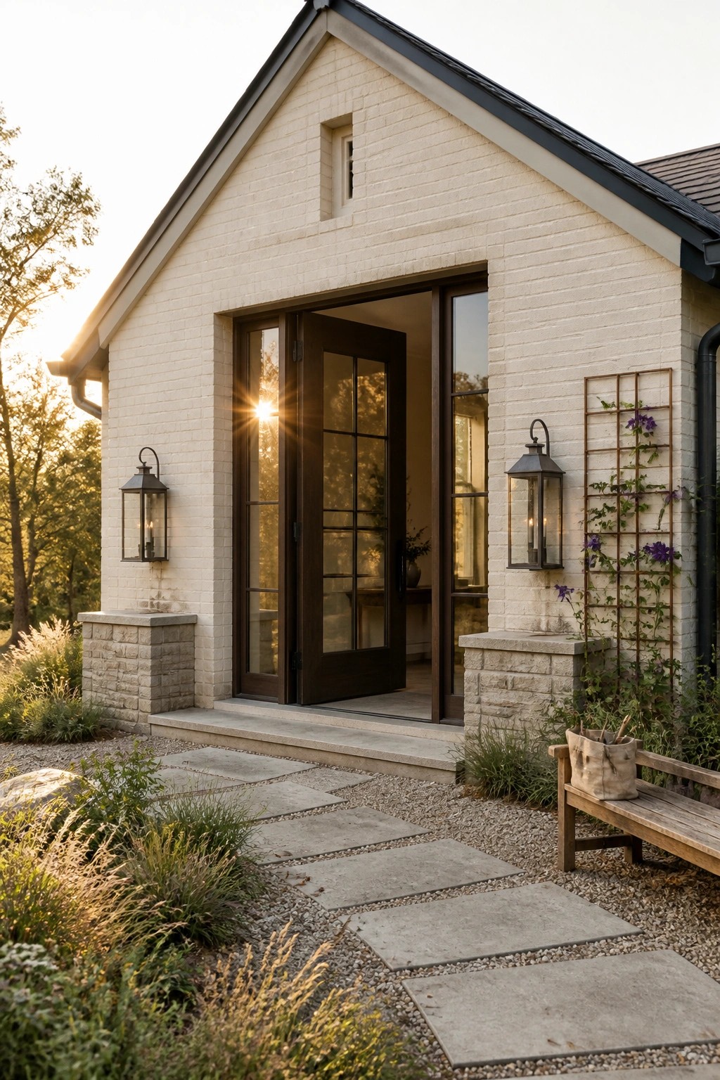 White painted brick farmhouse exterior with a dark-framed glass door entry, two black lanterns, and a stone pathway leading to the front.