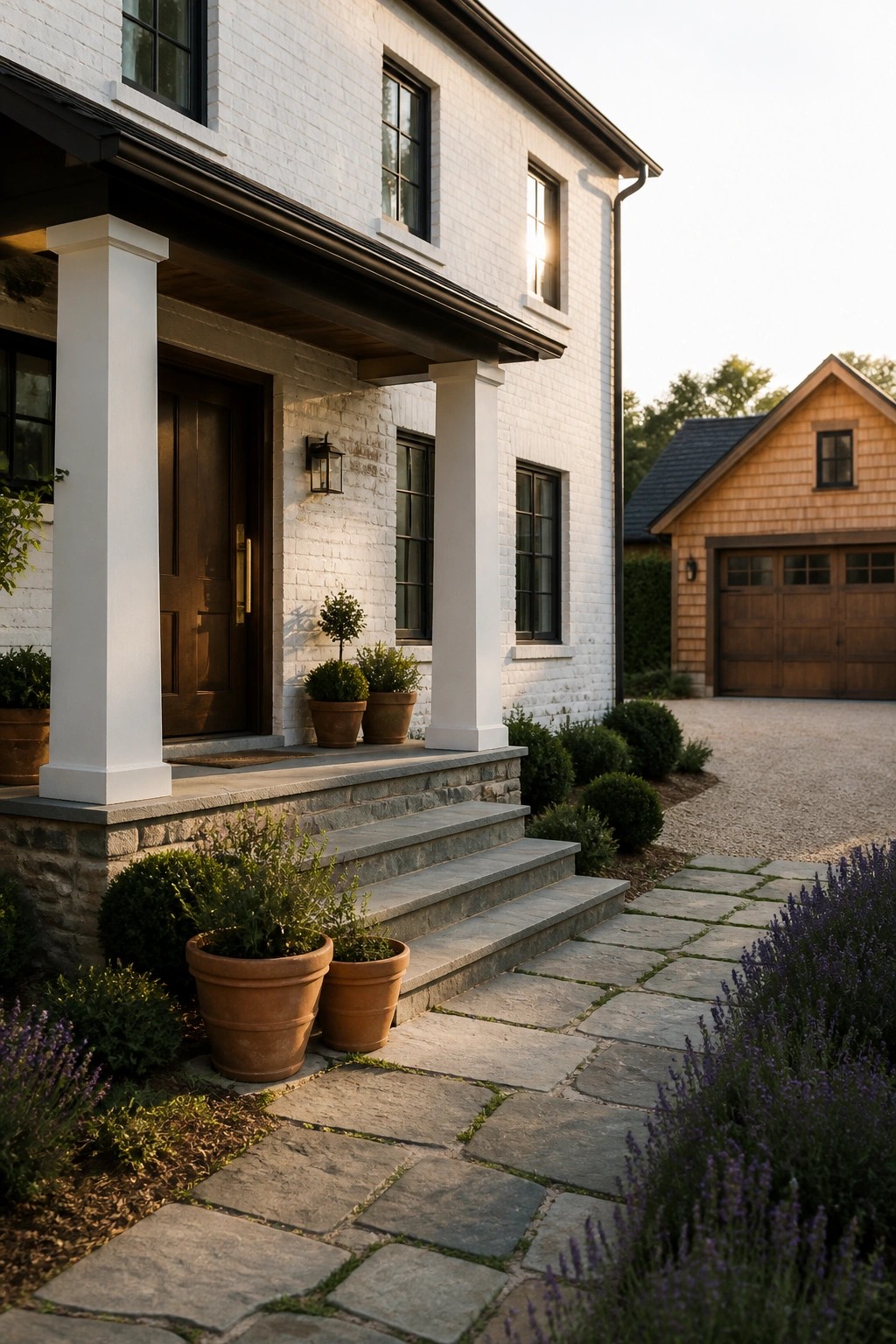 White brick house with porch columns, stone steps, potted plants, and lavender path