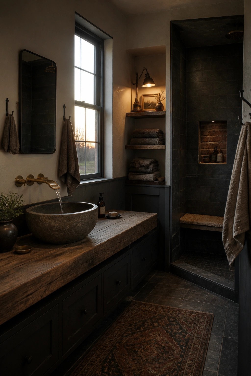 A rustic bathroom interior with dark painted walls, a wooden vanity topped by a stone vessel sink, a window, and a tiled shower area.