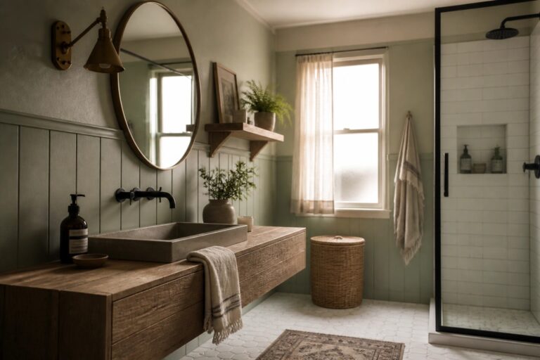 18 Rustic Farmhouse Bathroom Paint Colors That Feel Fresh and Inviting A bathroom with sage green walls, a floating wooden vanity holding a concrete sink, and a black-framed mirror above it.