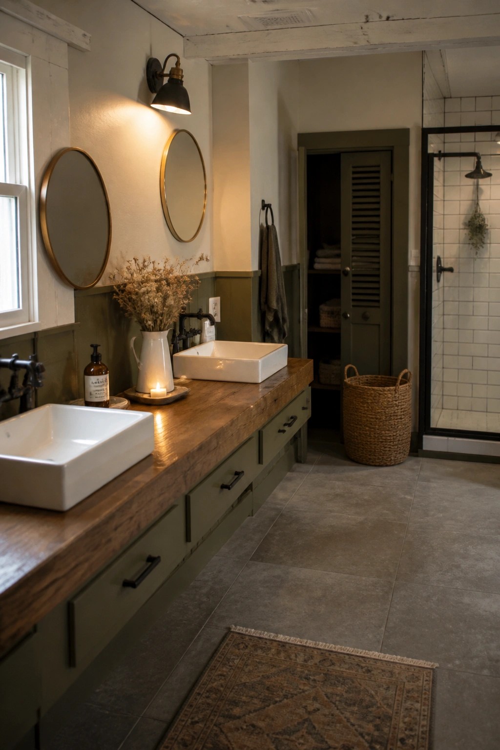 A rustic bathroom featuring a long wooden vanity with two white vessel sinks, green wainscoting on the lower walls, and two round mirrors above the sinks.