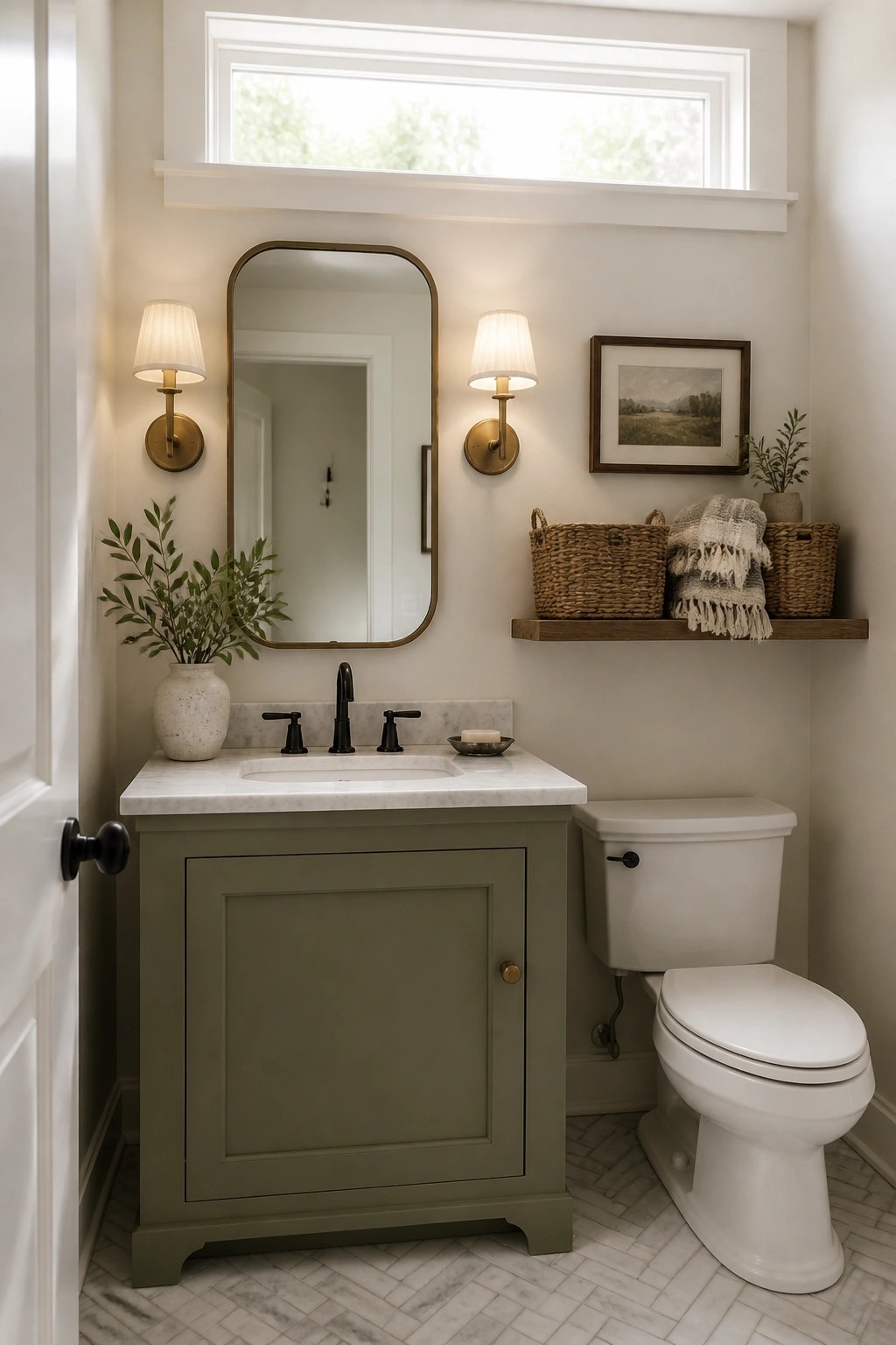 A bathroom featuring a sage green vanity with a white marble countertop, black faucet, wall-mounted sconces, a mirror, and a white toilet to the right.