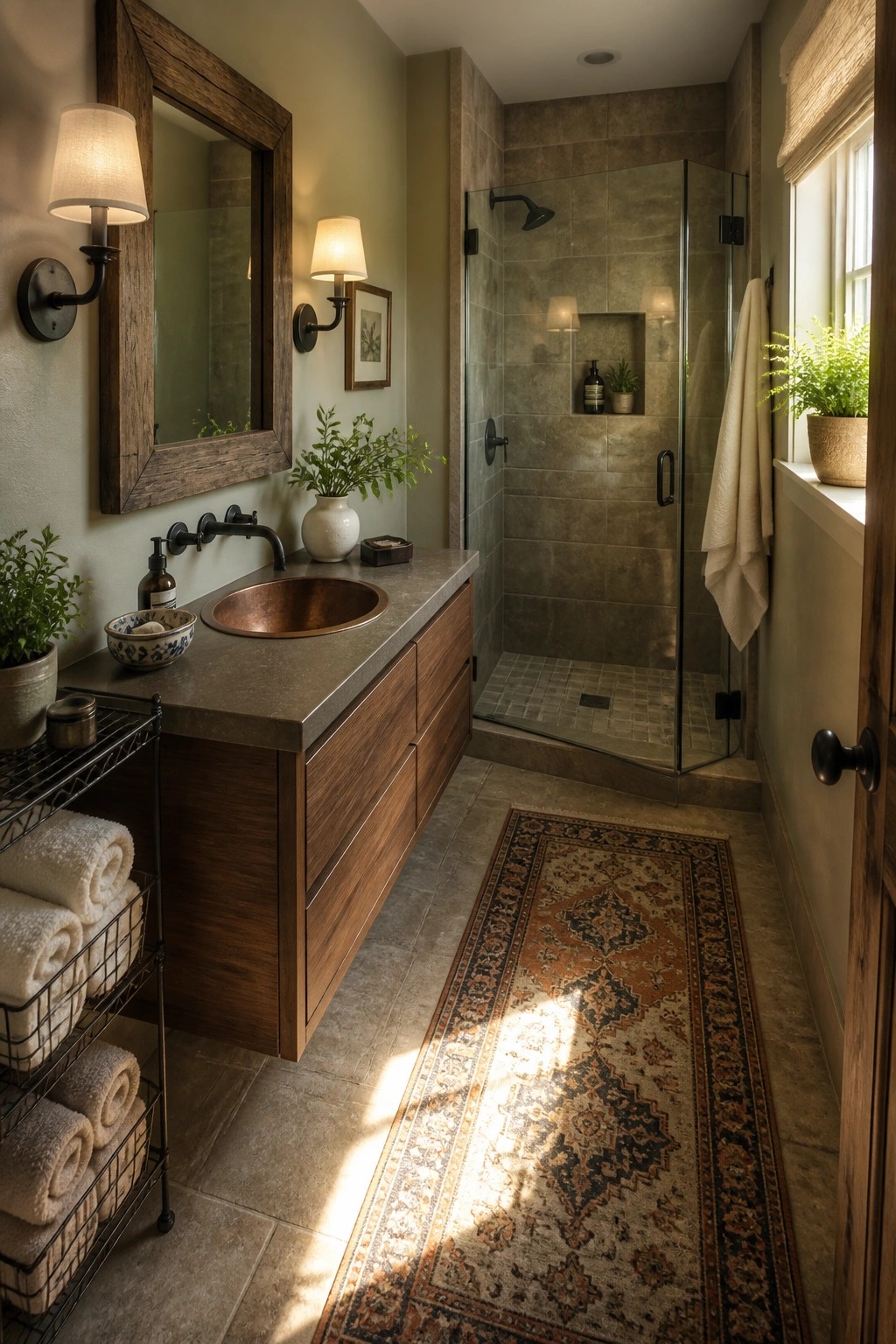A rustic bathroom featuring a floating wood vanity with a copper sink, a glass-enclosed tiled shower, a patterned runner rug, and soft green walls with wall sconces.