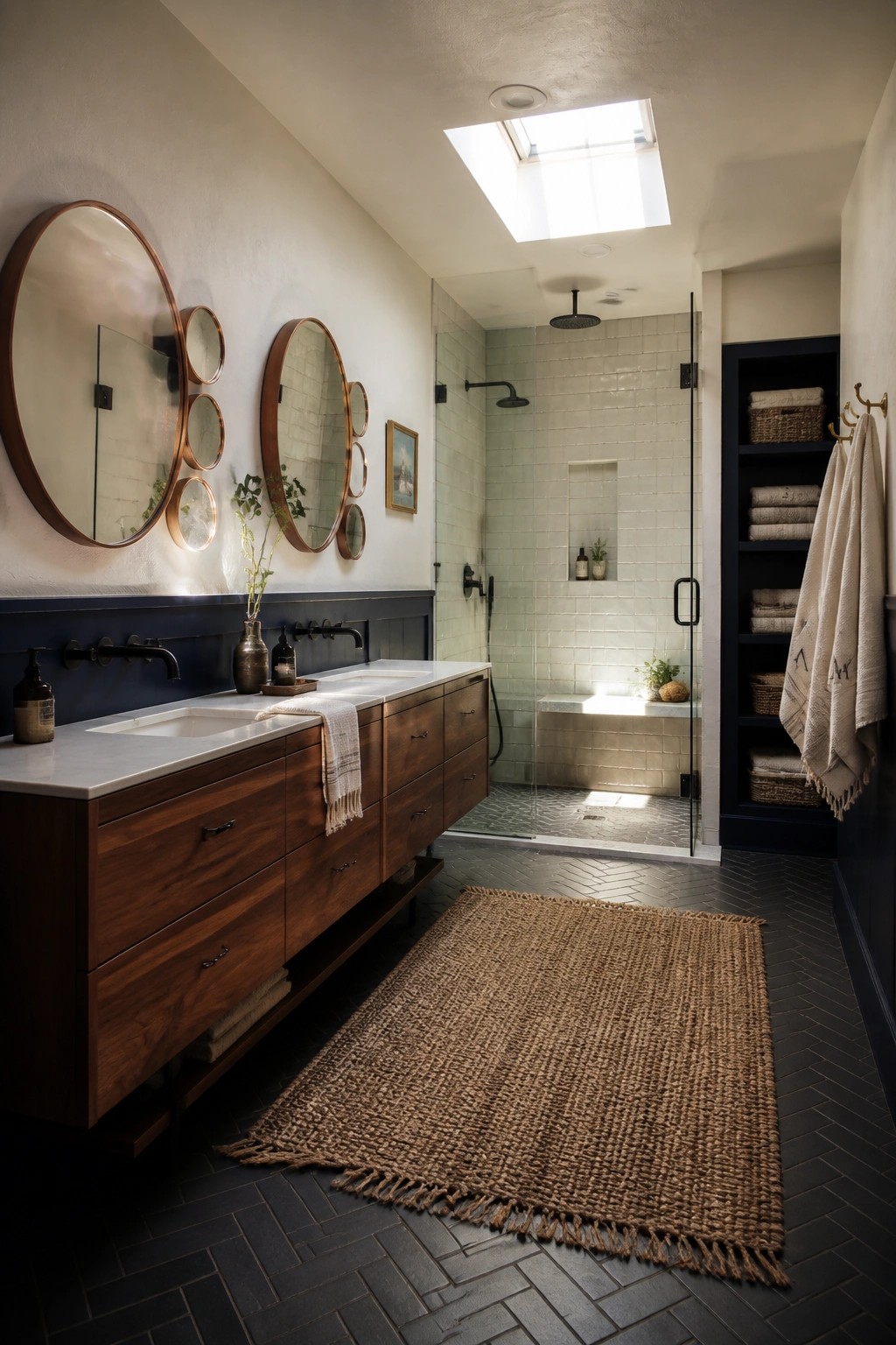 A bathroom with dark navy wainscoting on the lower walls, a long wood vanity with white countertop, and an open shower area with light tile.