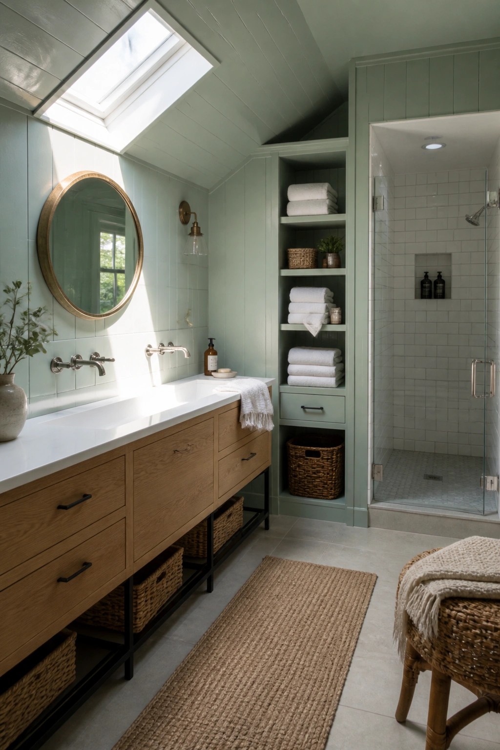 A bathroom interior with sage green walls, a long wooden vanity with white countertop, open built-in shelves holding towels, and a glass-enclosed shower.