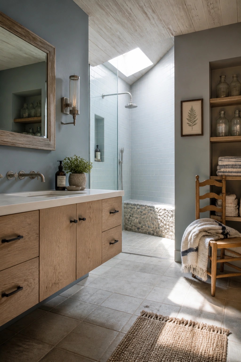 A bathroom interior showing blue-gray painted walls, a light wood vanity with a white countertop, and a shower area with white subway tiles and a skylight.