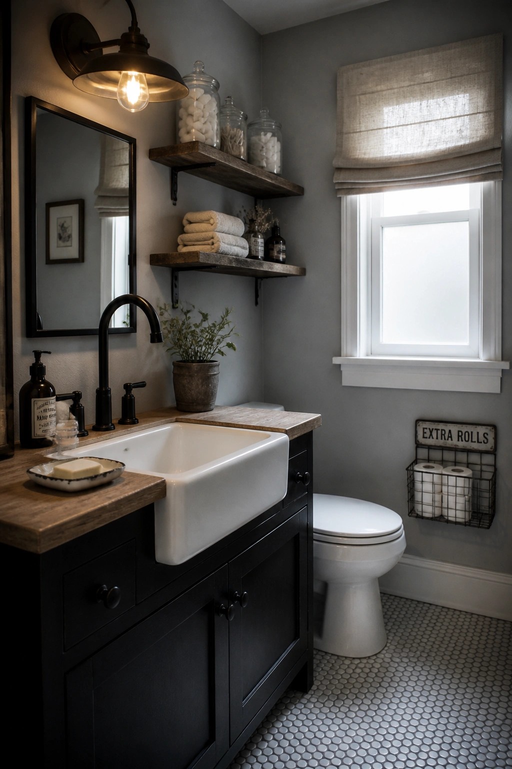 A bathroom with light gray walls, a black vanity topped with wood, a white farmhouse sink, open wood shelves, and a white toilet beside a window.