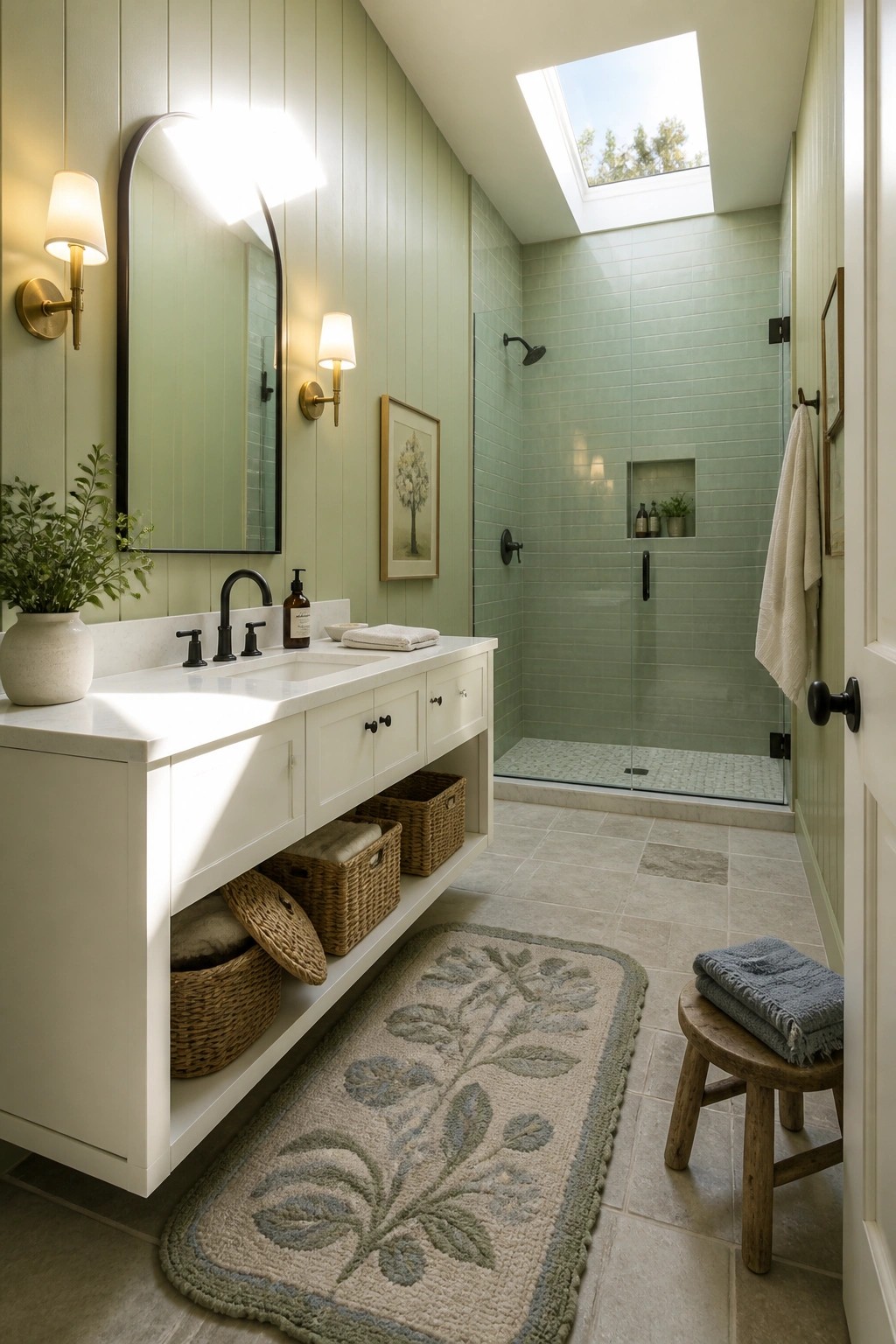 A bathroom interior with light green walls, a white vanity, woven baskets, and a glass-enclosed shower with a skylight above.