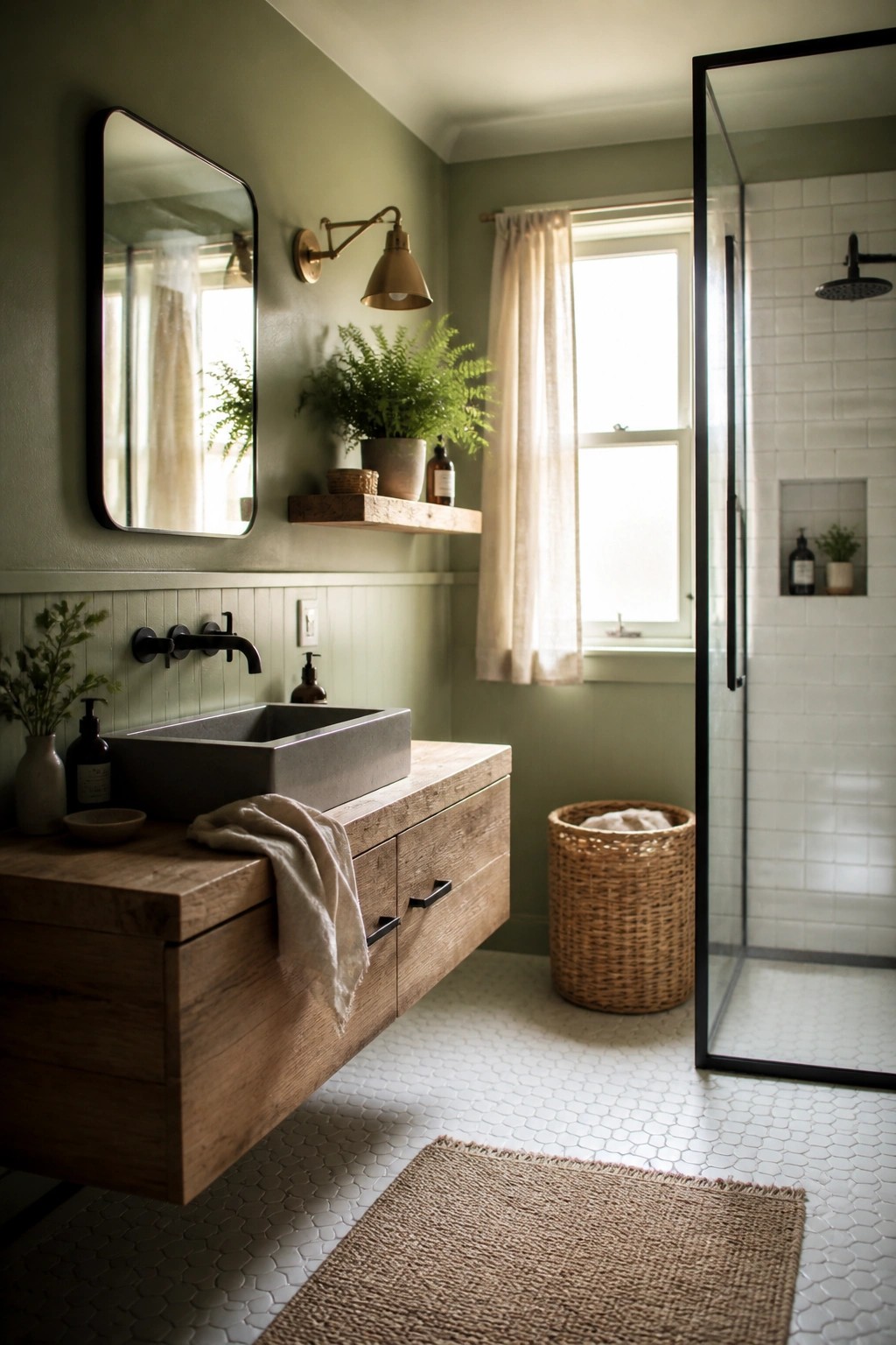 A bathroom with sage green walls, a floating wooden vanity holding a concrete sink, and a black-framed mirror above it.