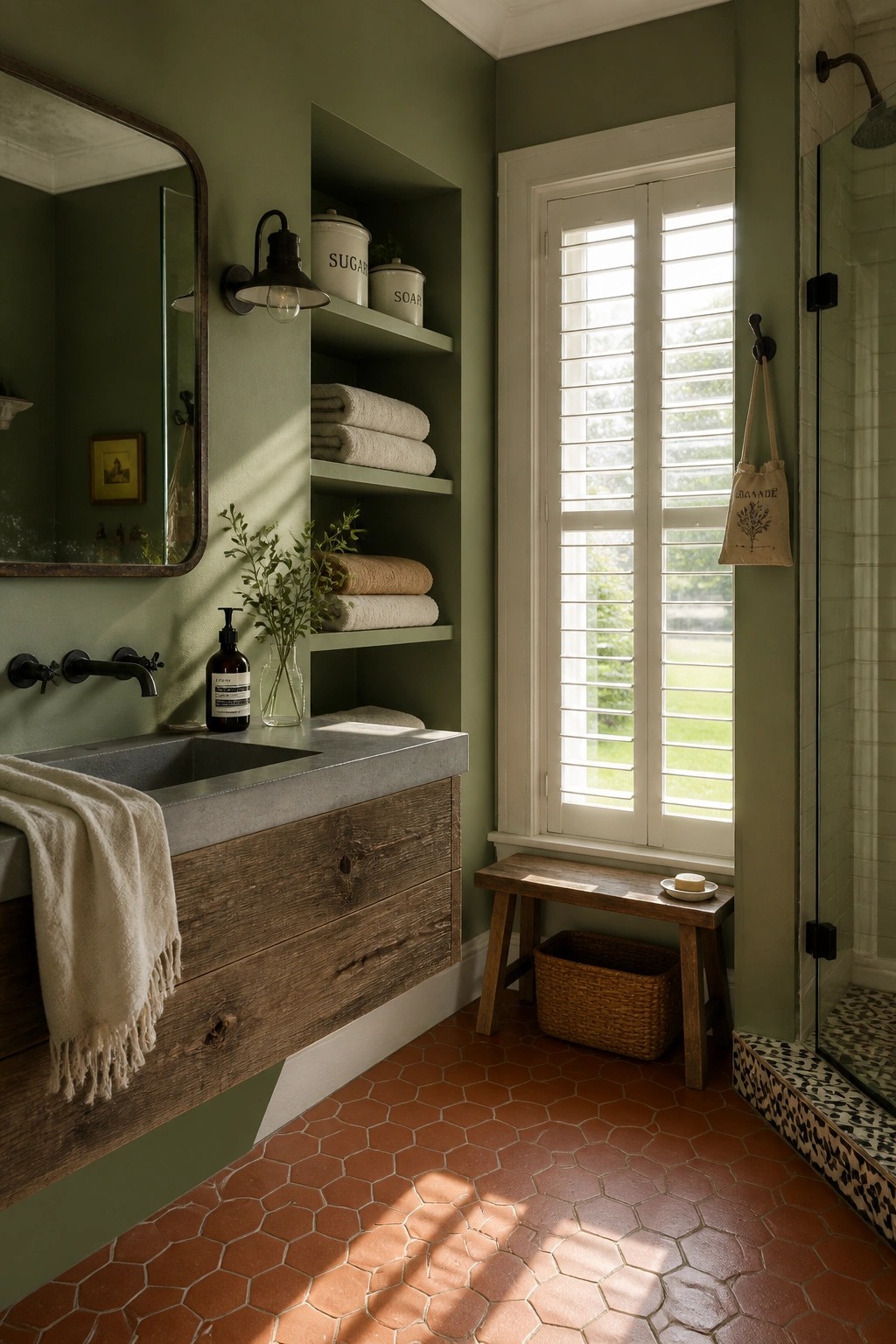 A rustic bathroom with sage green walls, a floating wood vanity, built-in shelves, terracotta tile floor, and a window with white shutters.