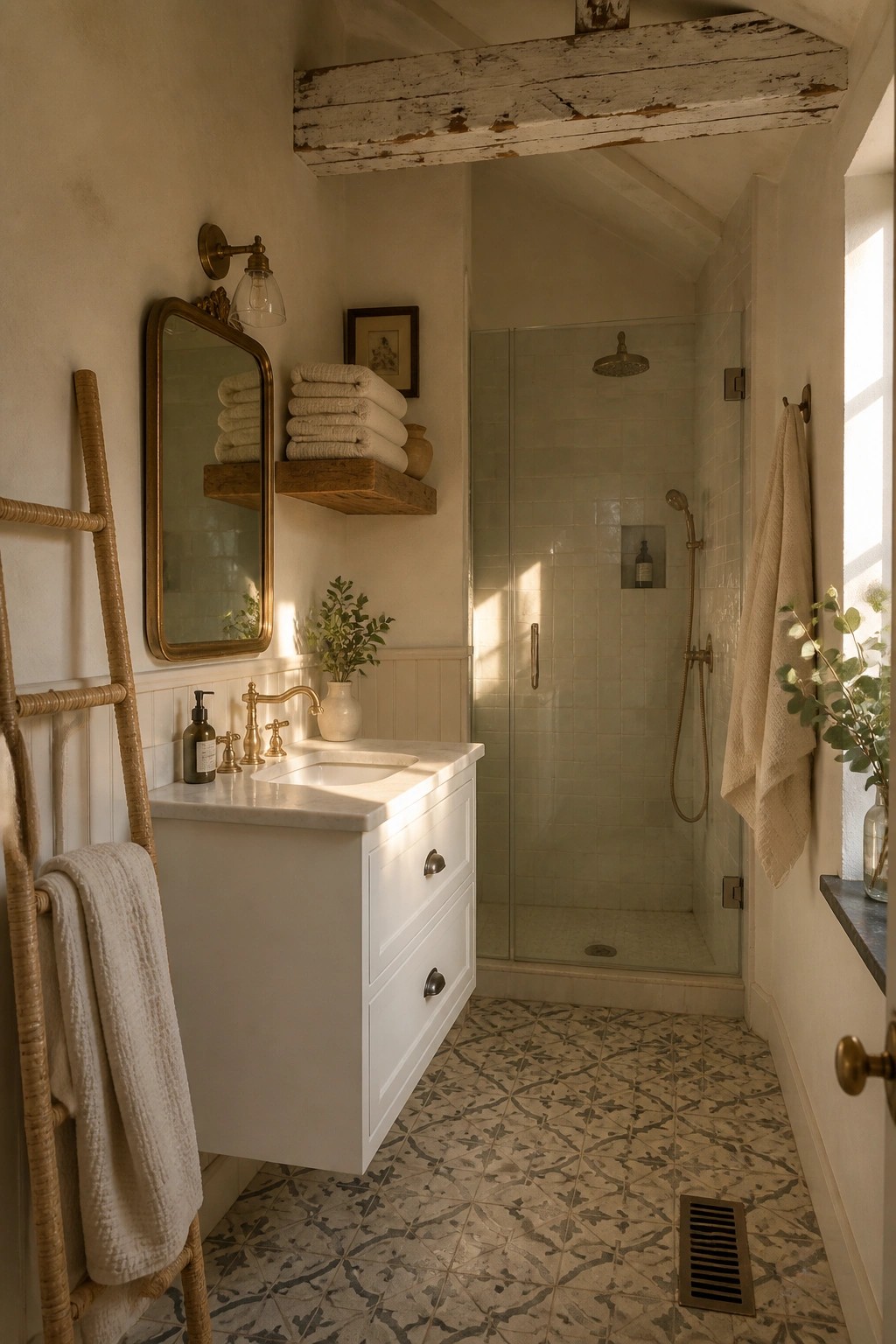 A rustic farmhouse bathroom featuring off-white walls, a floating white vanity with brass fixtures, wooden shelves, and a glass shower enclosure over patterned tile flooring.