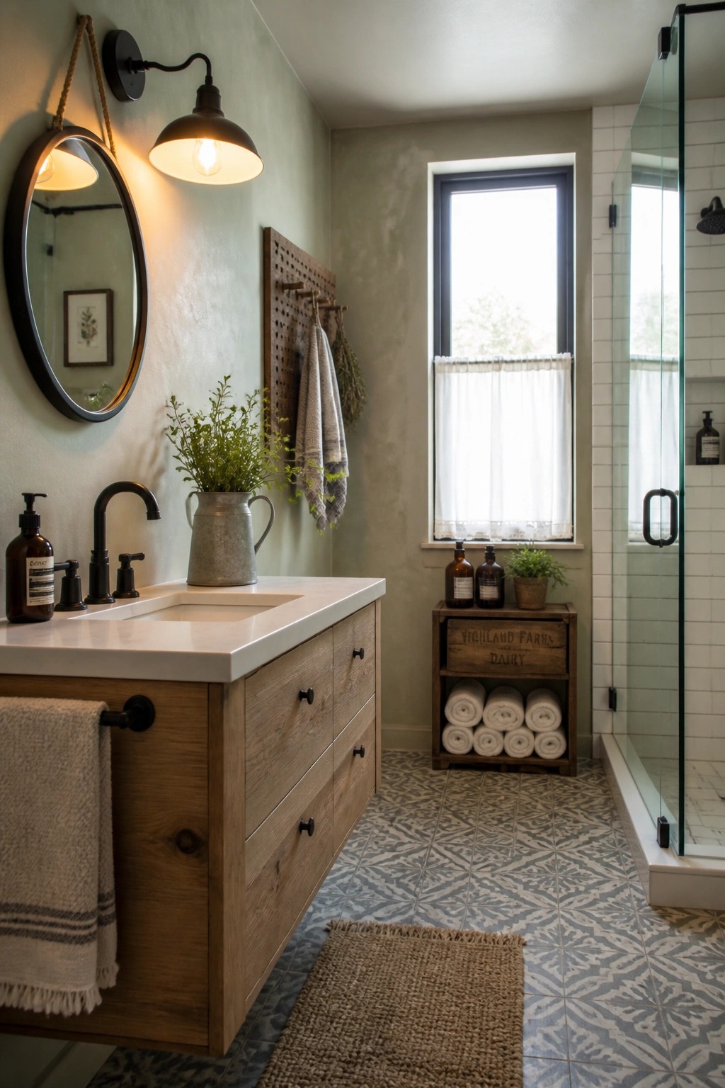 A rustic farmhouse bathroom featuring sage green walls, a floating wooden vanity with white countertop, round mirror, patterned floor tiles, and a glass shower enclosure.