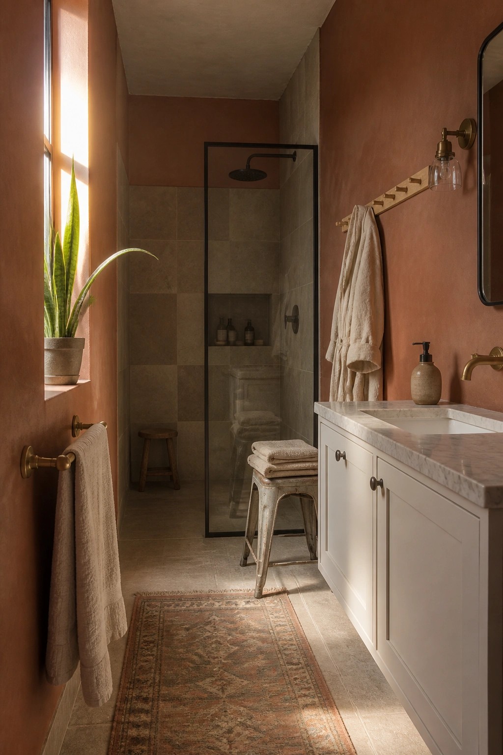 A narrow bathroom with terracotta walls, a white vanity, black shower frame, and a patterned runner rug on the floor.