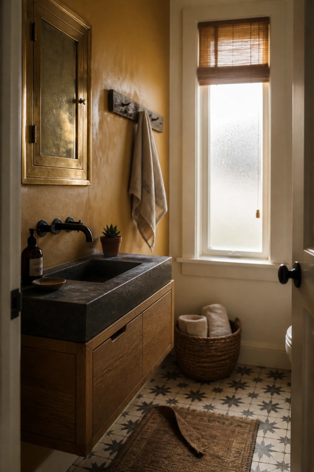 Rustic bathroom with oak vanity, dark stone sink, yellow walls, and star-patterned tiles