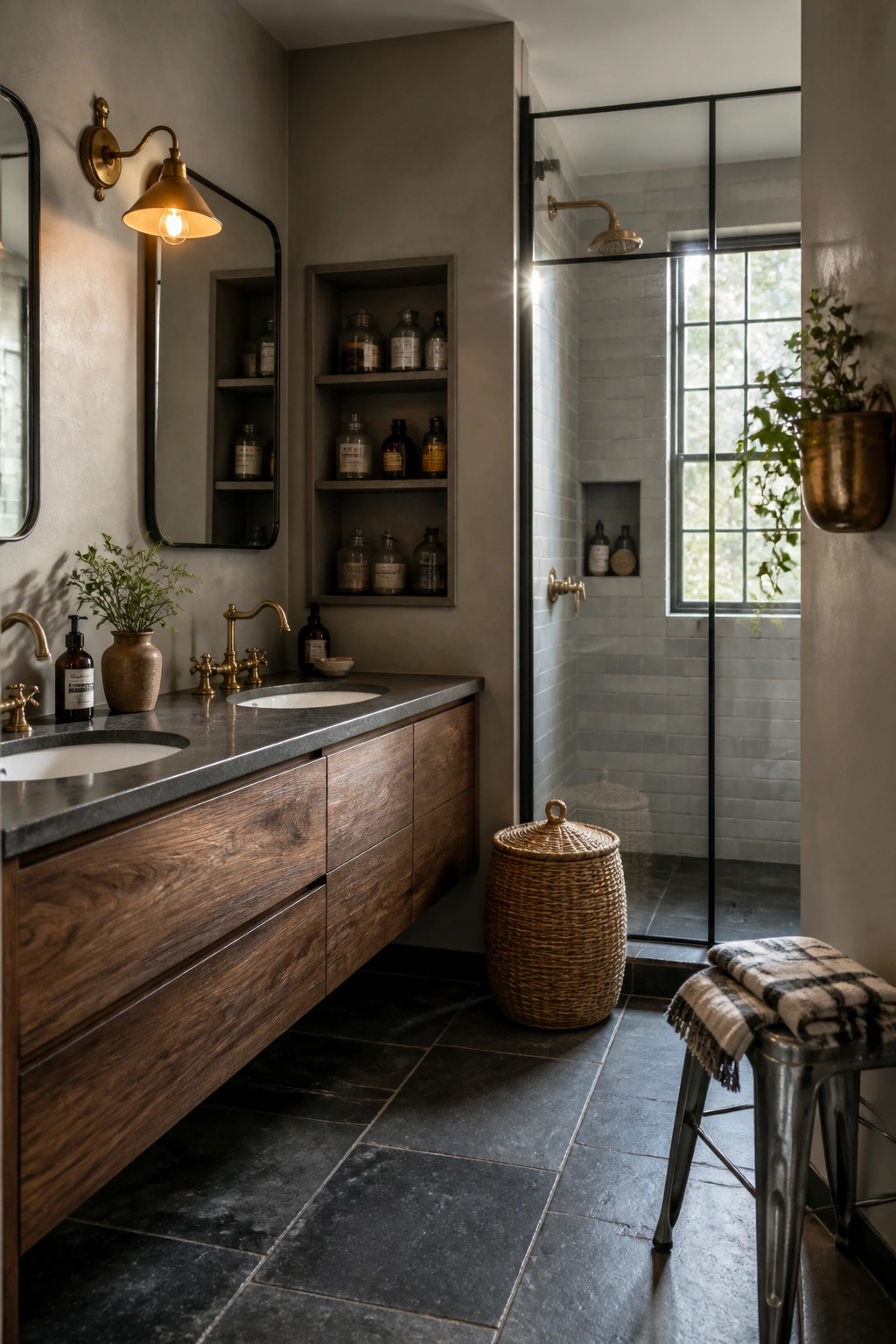 A rustic bathroom with warm neutral walls, a dark wood floating vanity, built-in shelves holding glass bottles, and a black-framed glass shower.