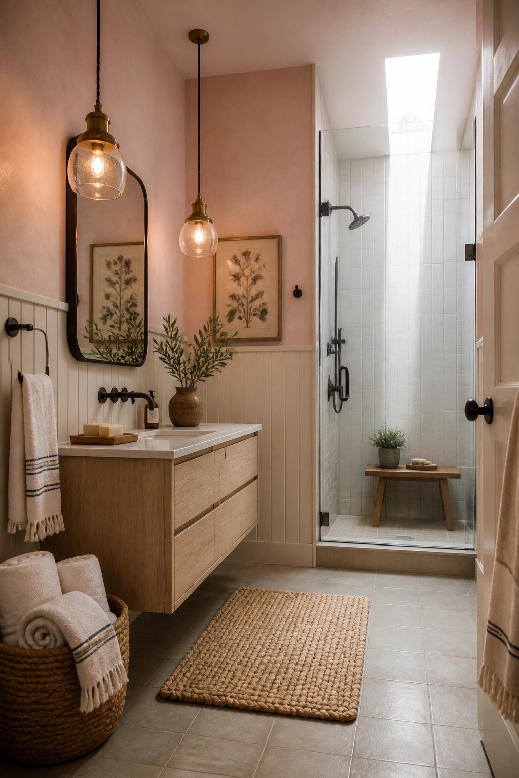 A rustic bathroom with soft pink walls, a floating light wood vanity, black-framed mirror, and a glass shower with white tiles.
