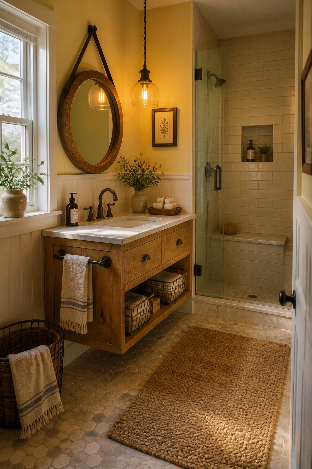 A rustic farmhouse bathroom with warm yellow walls, a floating wood vanity, round mirror, and glass shower enclosure.