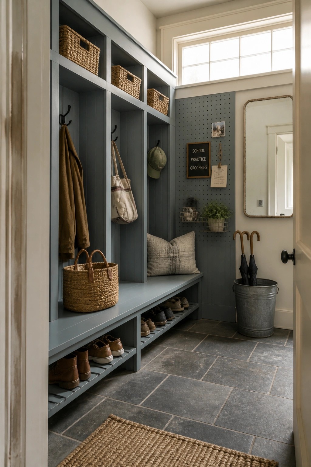 A farmhouse mudroom featuring blue-gray built-in cubbies, bench, and pegboard wall with baskets, hooks, shoes, and a small mirror visible.