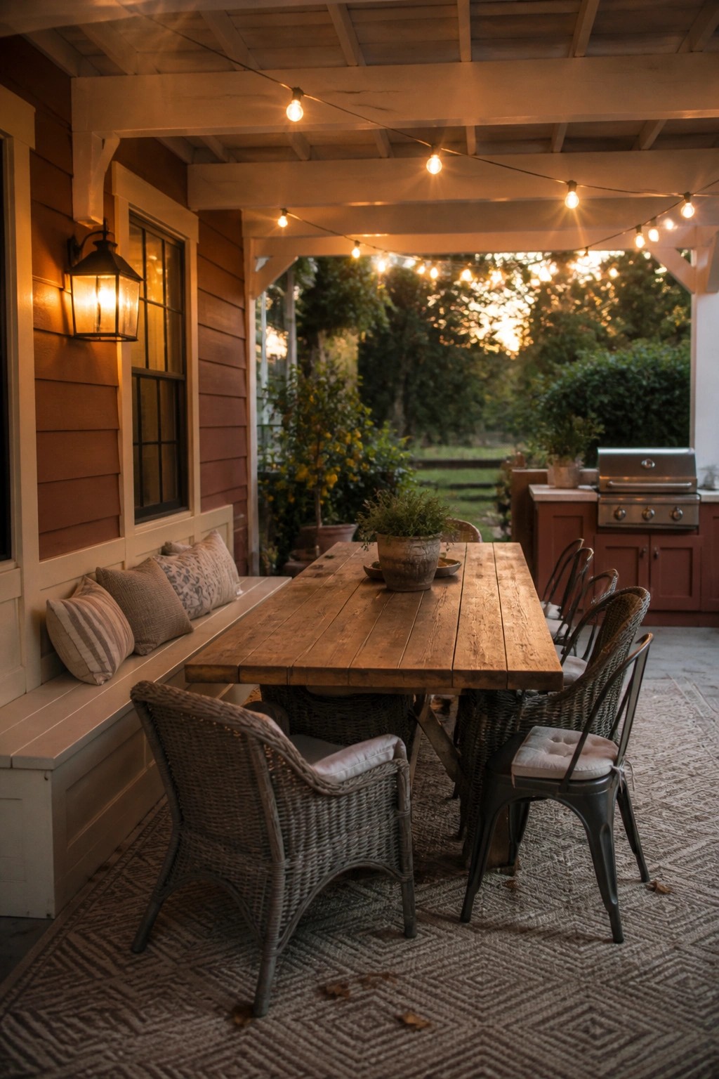 A covered wooden porch with a long dining table, wicker chairs, string lights, and a red-sided house wall with white trim.