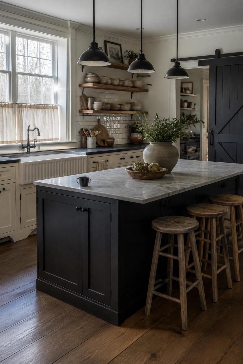 A farmhouse kitchen featuring a black painted island with a marble top, three wooden stools, white perimeter cabinets, and black pendant lights.