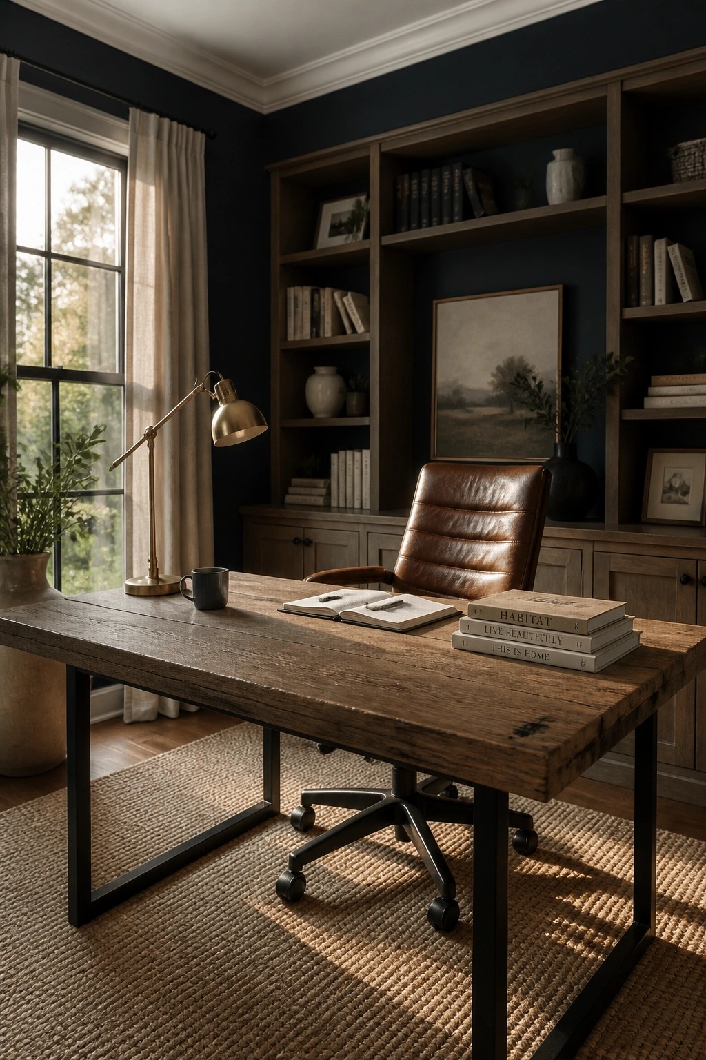 A home office with dark navy walls, a large wooden desk, a brown leather office chair, built-in bookshelves, and a window with light curtains.