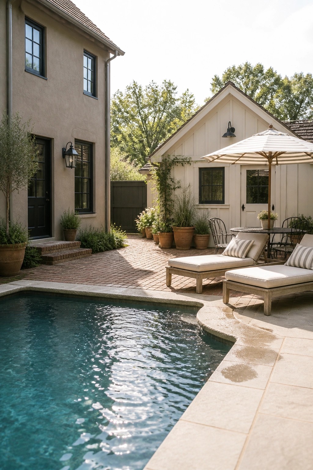 A swimming pool in front of a beige stucco house and a white outbuilding, with two lounge chairs and a striped umbrella on the brick patio.