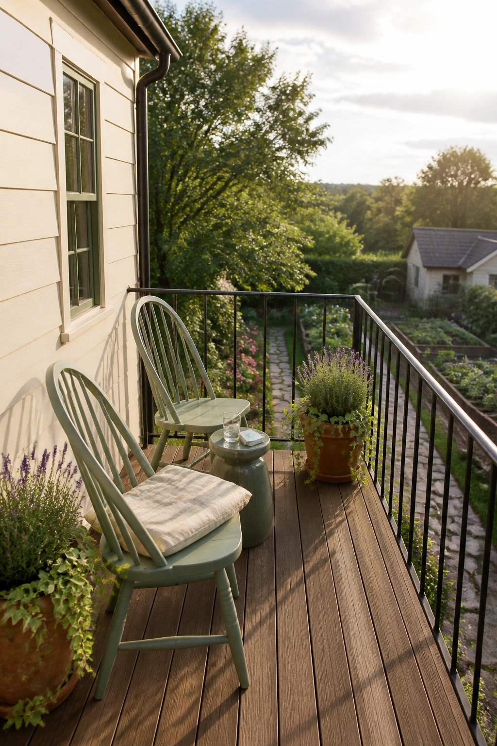 A wooden balcony attached to a house with white siding, featuring two sage green wooden chairs and a matching side table on the deck.
