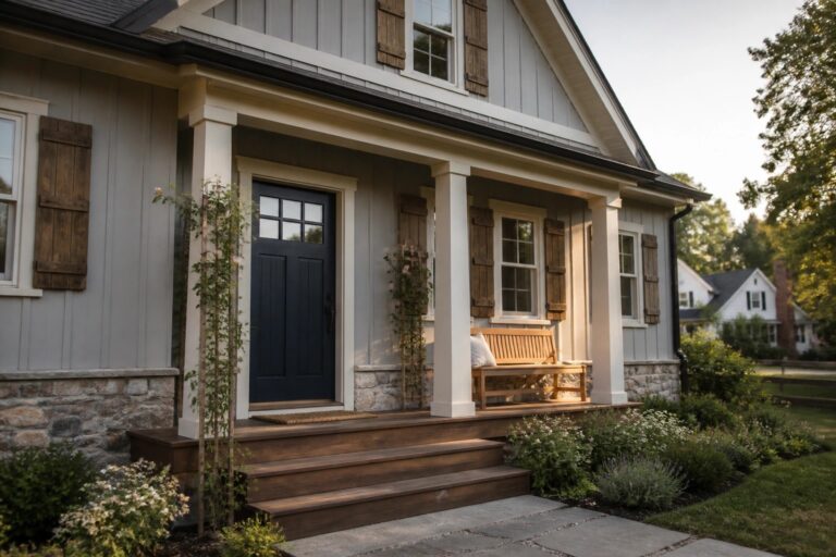 A two-story farmhouse exterior with light gray siding, white trim, a dark blue front door, stone porch pillars, and wooden steps.