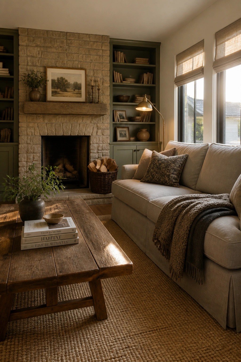 A living room with a stone fireplace, green built-in bookshelves, a beige sofa, and a wooden coffee table on a woven rug.