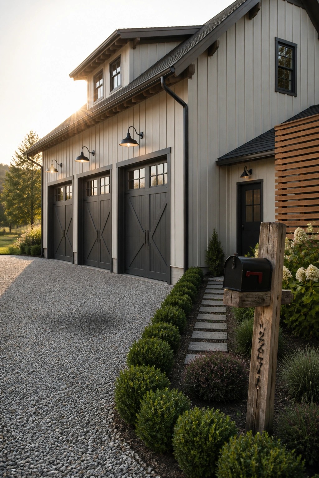 A light gray farmhouse exterior with dark gray garage doors, black trim, and a gravel driveway bordered by shrubs.