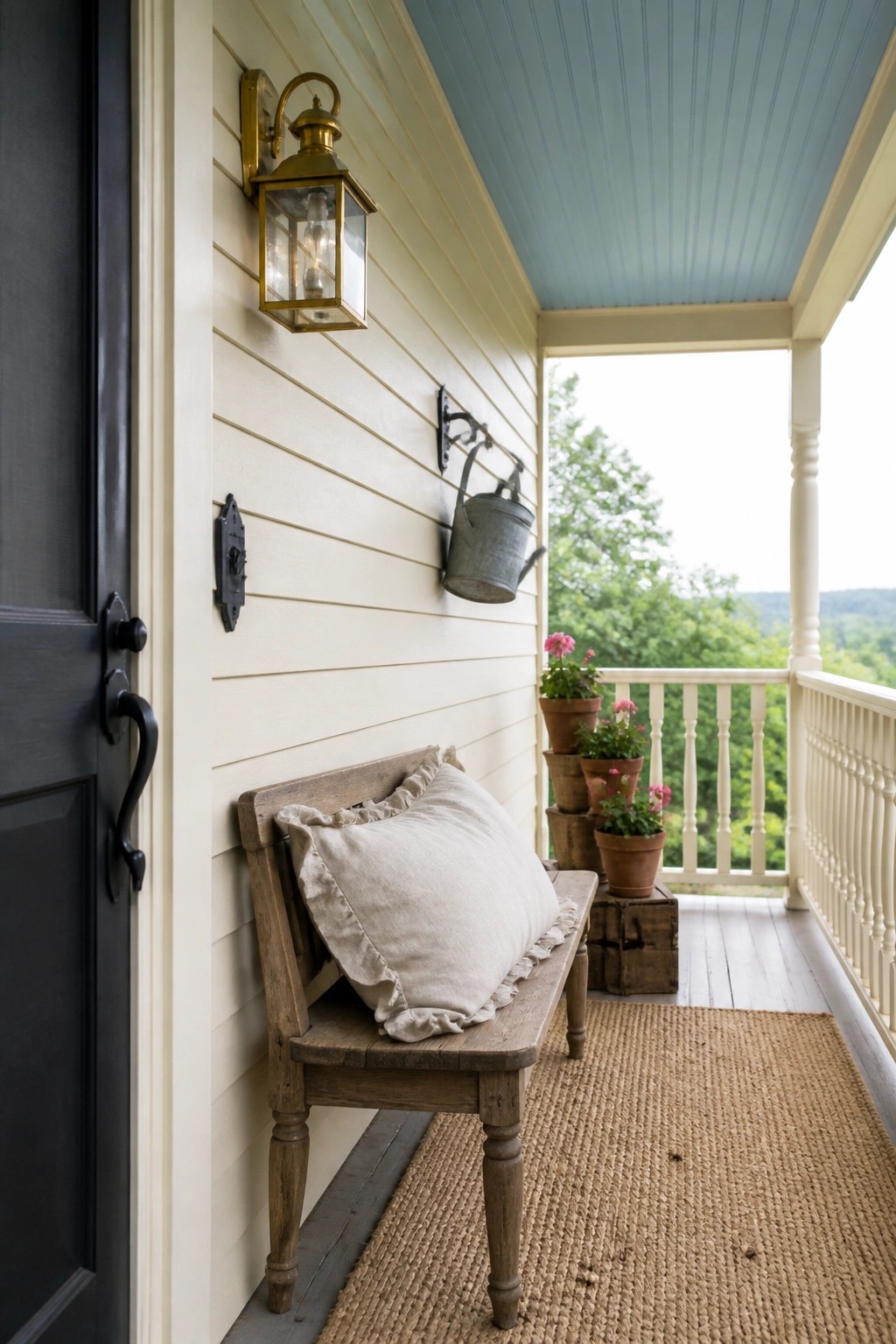 A farmhouse porch with cream siding, a light blue ceiling, a wooden bench with a linen cushion on a jute rug, stacked wooden crates with potted flowers, and a dark entry door.