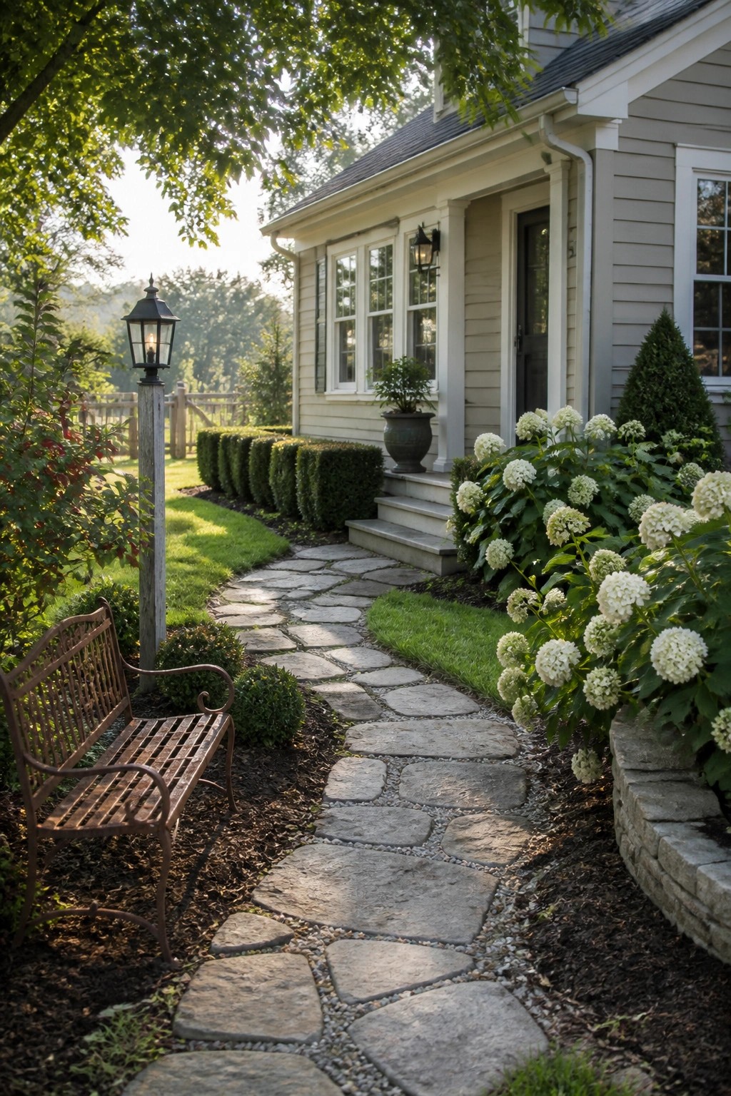 Stone path curves past bench and lantern amid white flowers toward house