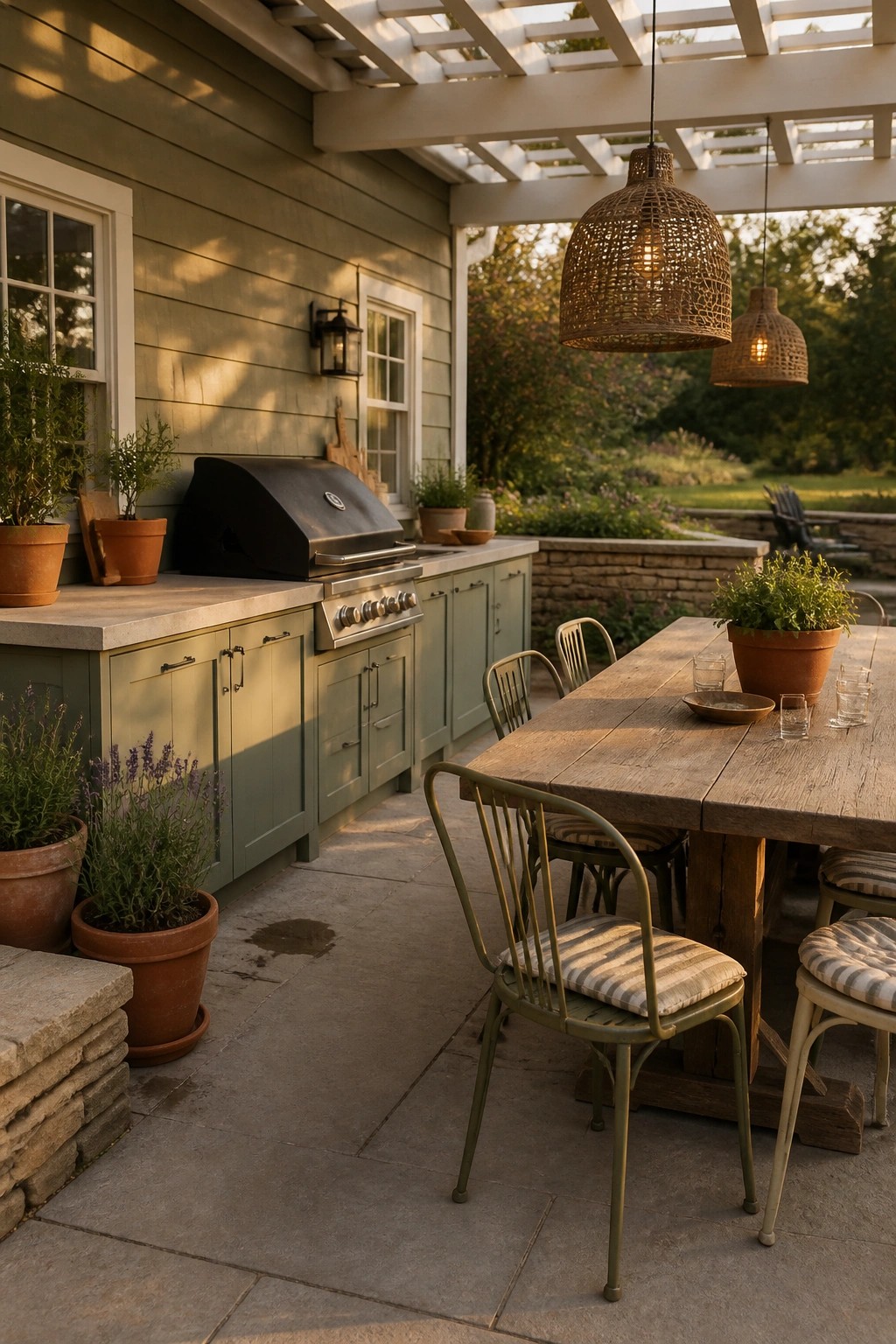 Outdoor kitchen with sage cabinets, black grill, and wooden dining table under pergola.