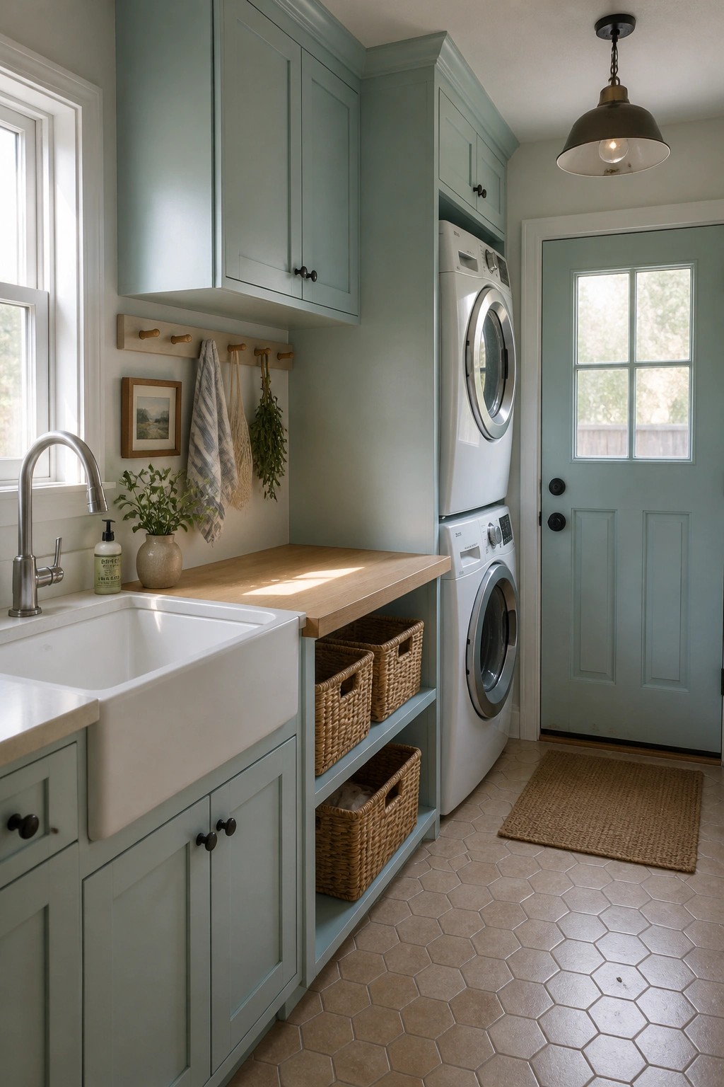 A laundry room featuring sage green cabinets, a white farmhouse sink, stacked washer and dryer, wooden countertop, and woven storage baskets.
