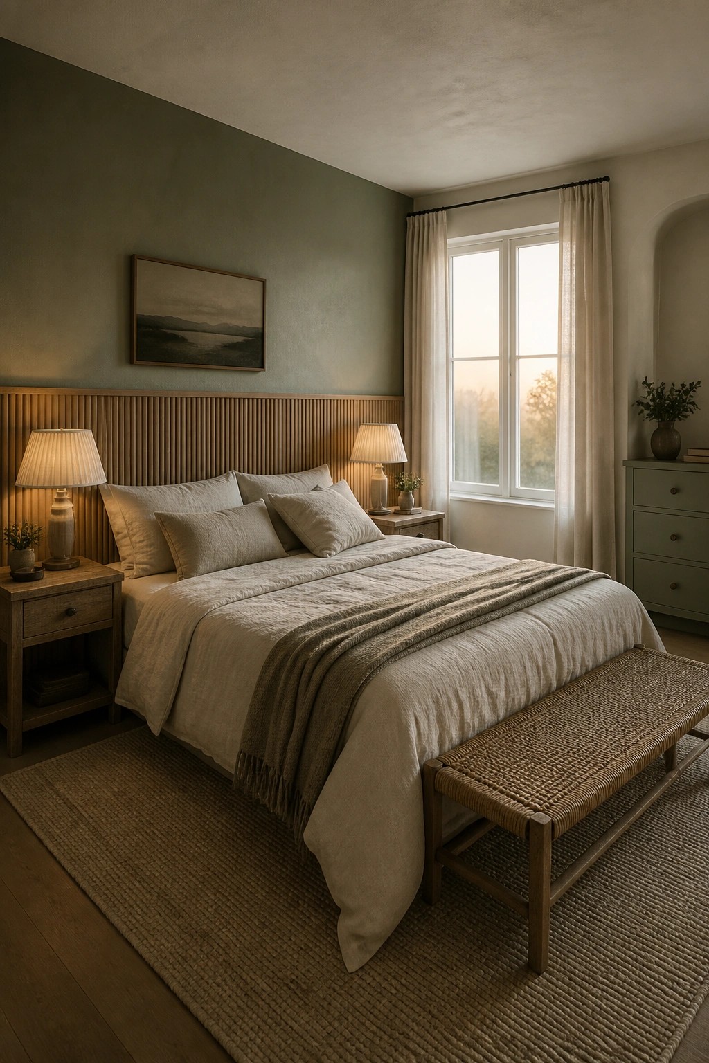 A bedroom with sage green walls, a wooden slatted headboard, a bed with beige linens and a throw, two bedside tables with lamps, a window with curtains, and a woven bench at the foot of the bed.