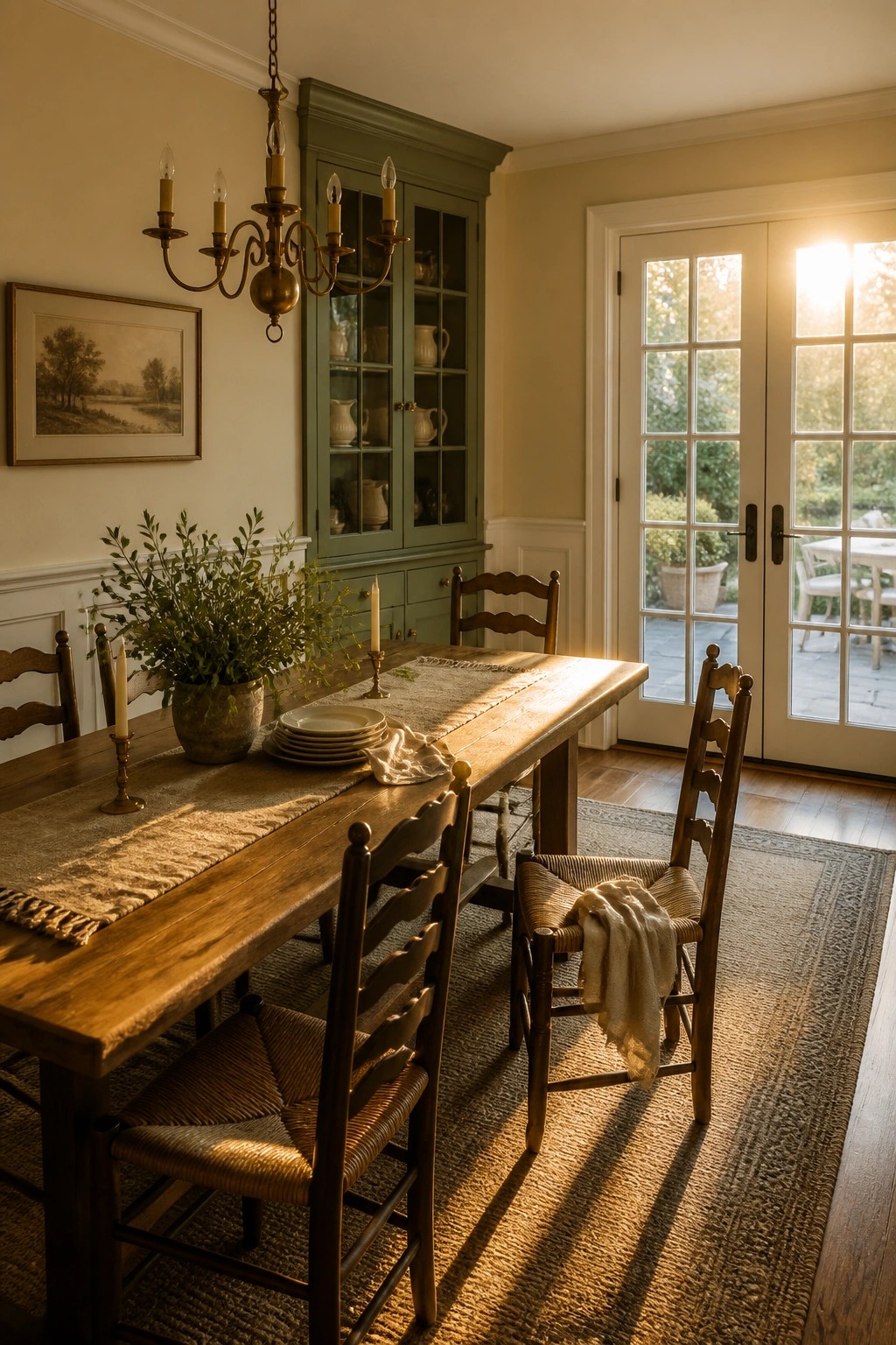 A farmhouse dining room featuring a green painted hutch, wooden table with woven chairs, and sunlight streaming through glass doors.