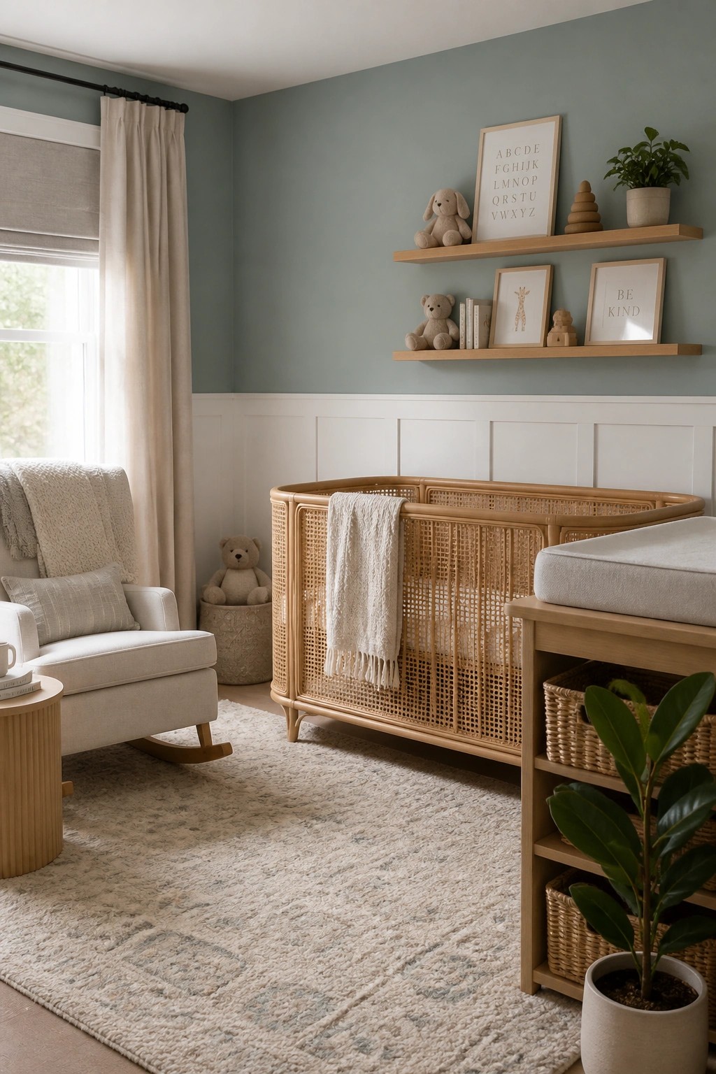 A nursery interior with sage green walls above white wainscoting, a wooden rattan crib, a white rocking chair, and wooden floating shelves with toys and framed prints.