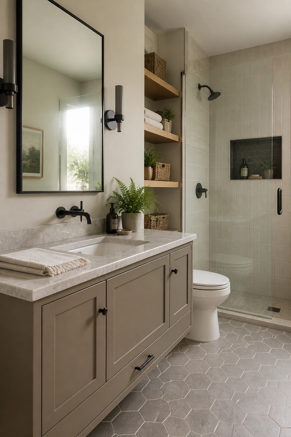 A bathroom vanity with taupe painted cabinets, white marble countertop, black faucet, large mirror, and open wooden shelves holding towels and plants, next to a glass shower enclosure.