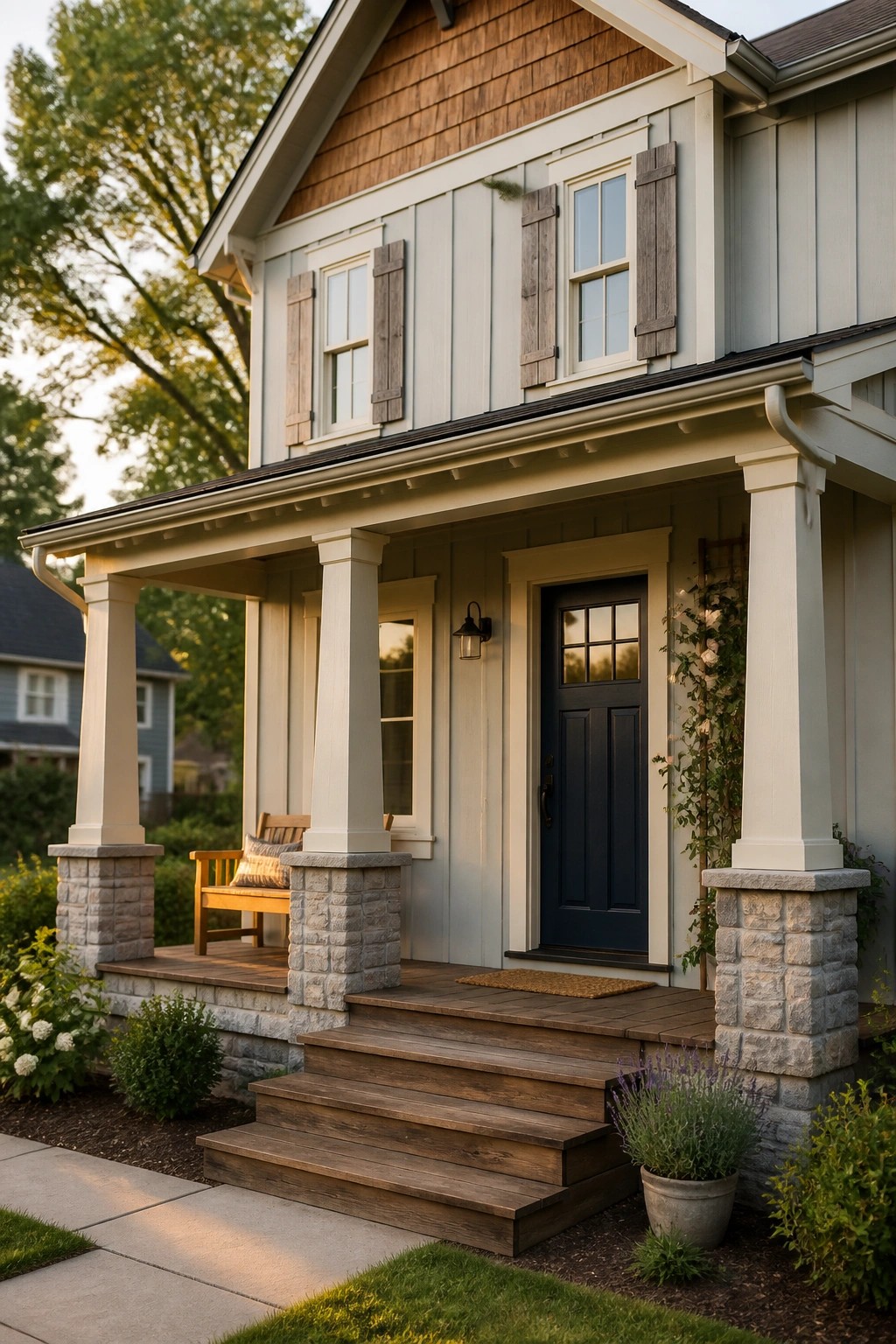 A two-story farmhouse exterior with light gray siding, white trim, a dark blue front door, stone porch pillars, and wooden steps.