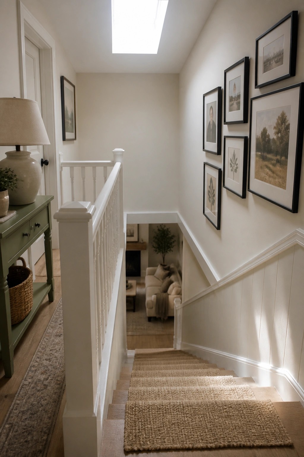 A carpeted staircase with white railings ascends between cream walls with white wainscoting and a gallery wall of framed artwork, with a view into a living room below.