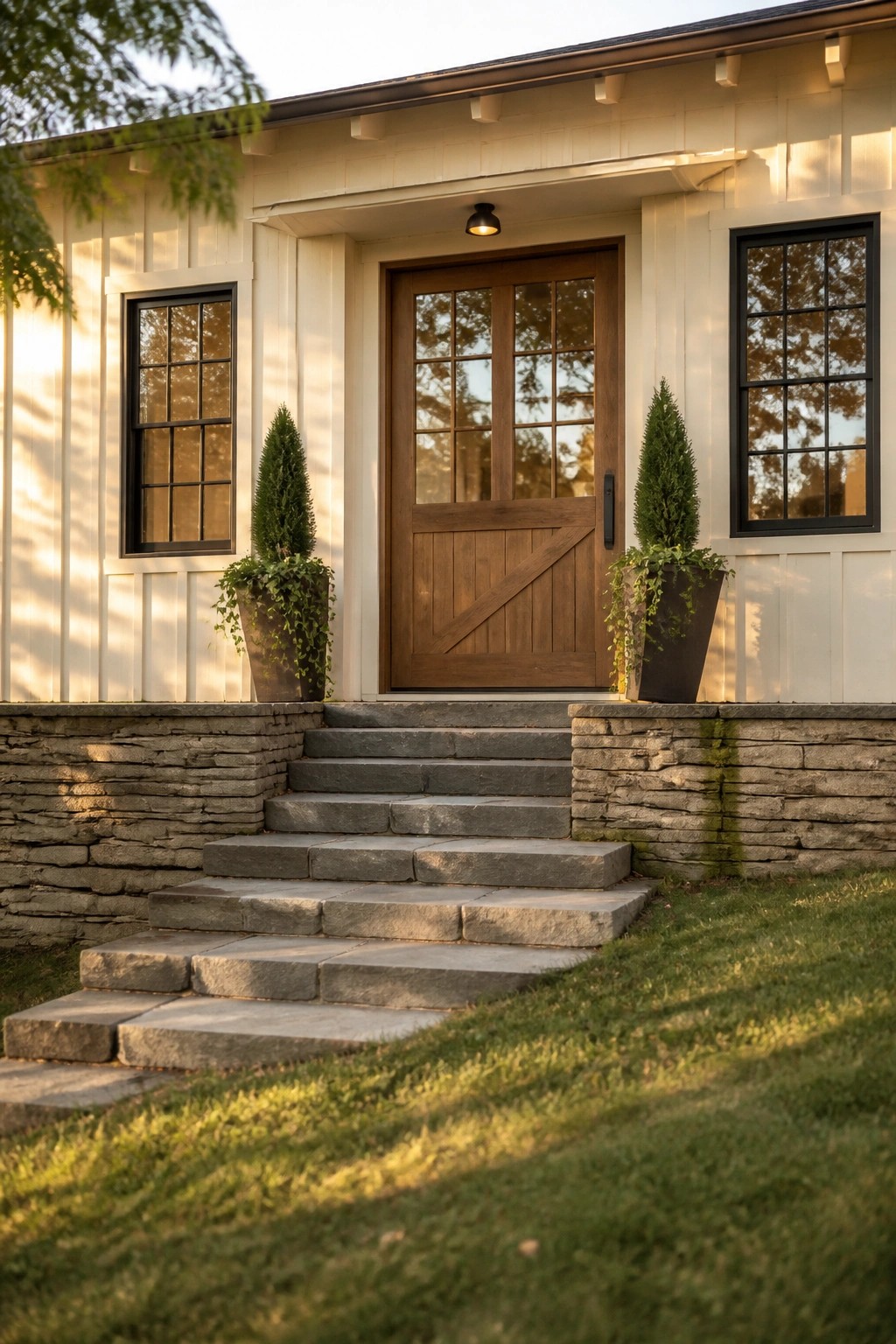 Front view of a white farmhouse with a wooden door, stone steps, and two potted plants flanking the entrance.