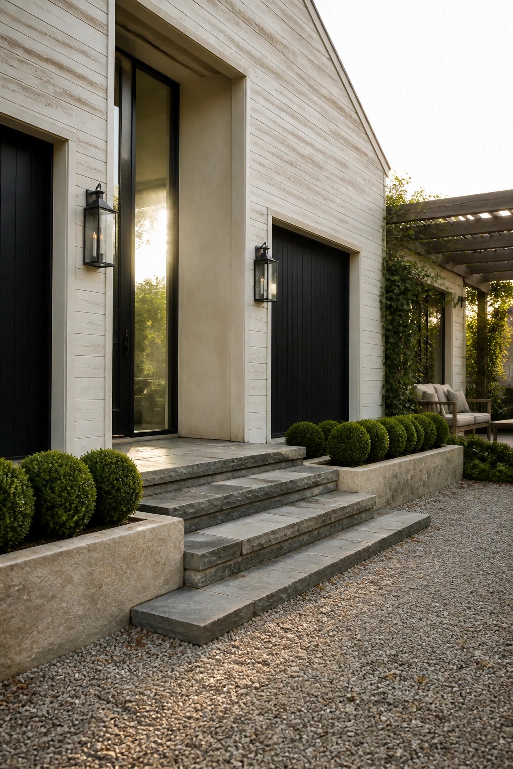 White wood-sided house exterior with black doors and windows, stone steps leading to the entrance, and black lanterns on either side.