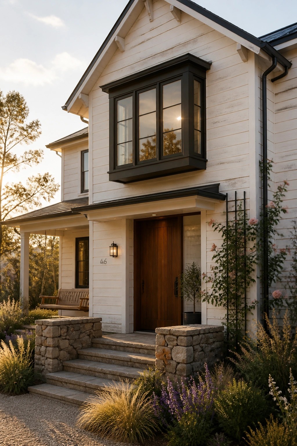 White farmhouse exterior with a prominent black bay window above a brown wooden door, stone steps, and a small porch swing visible to the left.