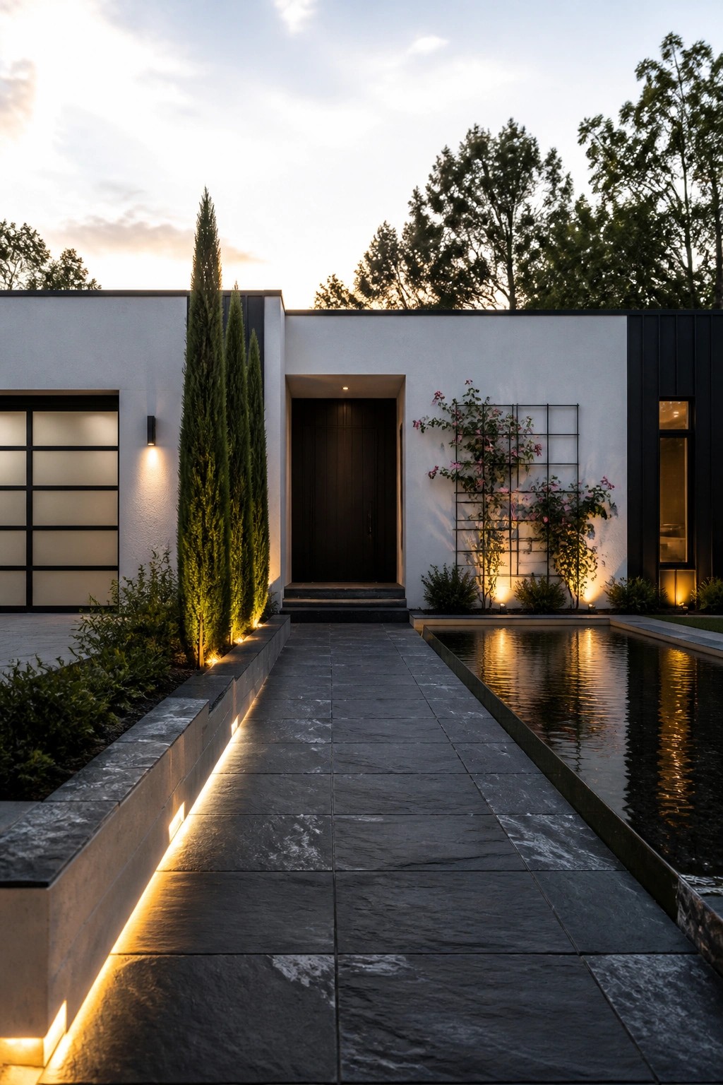 Front view of a modern house with white walls, a recessed dark door, stone pathway, and narrow reflecting pool along the right side.