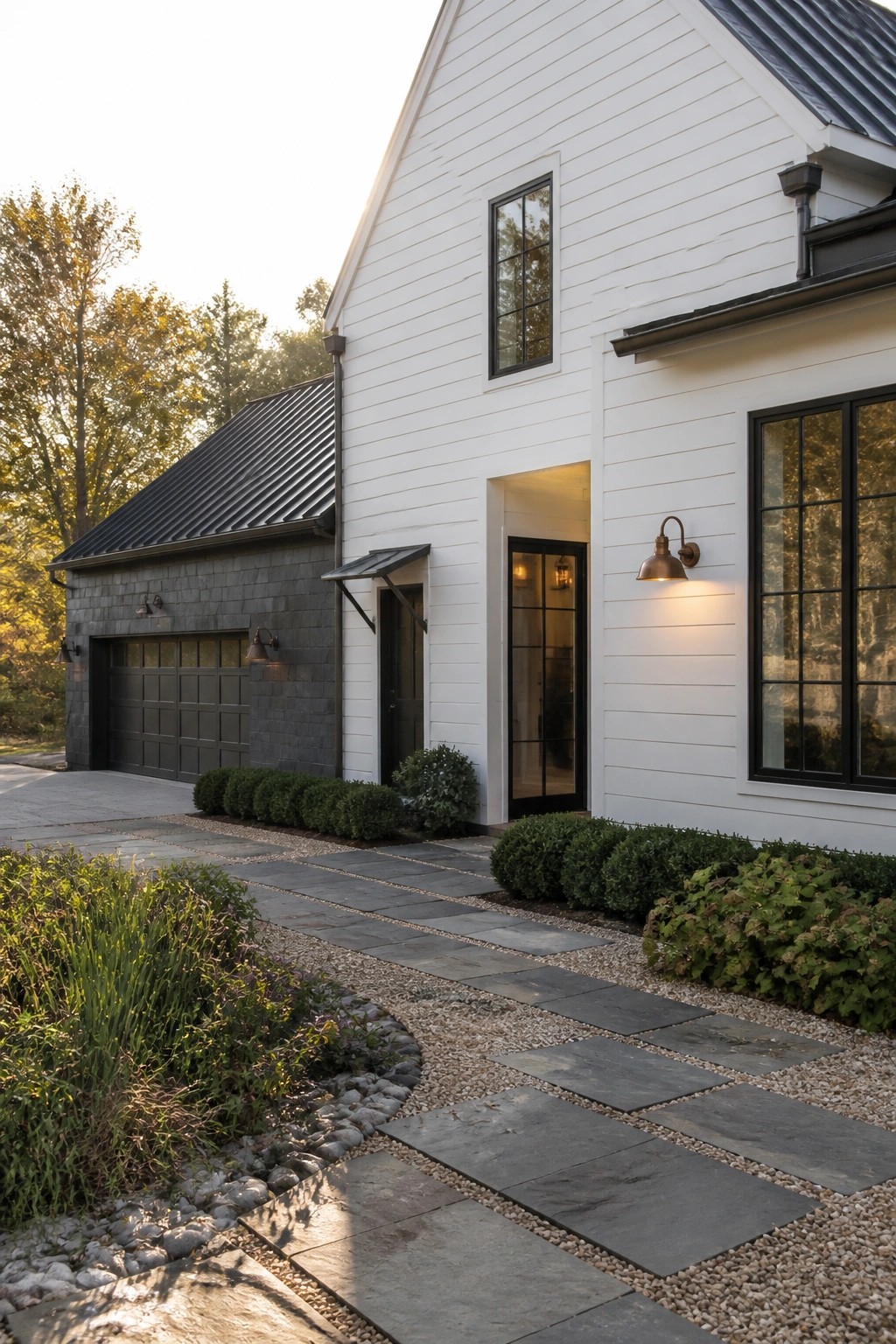 White farmhouse exterior with horizontal siding, black-framed windows and doors, a dark metal roof, and an attached stone garage with dark door.