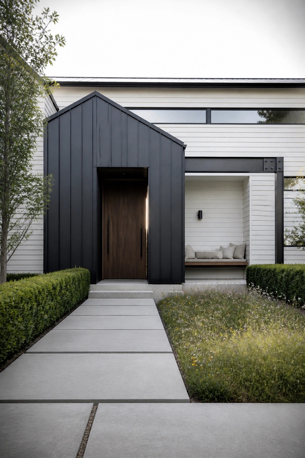 Front view of a modern farmhouse with a black gabled entry structure featuring vertical siding and a dark wood door, concrete walkway, white horizontal siding, and a recessed bench area.