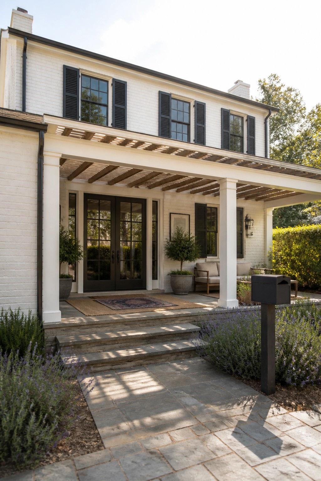 White brick house with black shutters, pergola porch, stone steps, and lavender garden