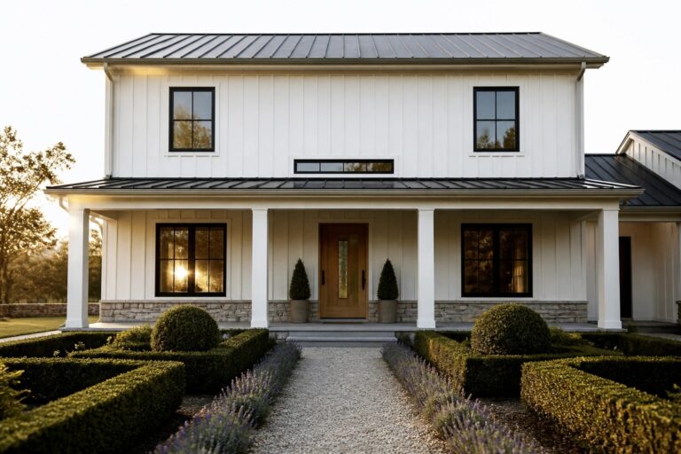 A two-story white farmhouse exterior with a black metal roof, black-framed windows arranged symmetrically around a central wooden door, white porch columns, and a gravel path leading to stone steps.