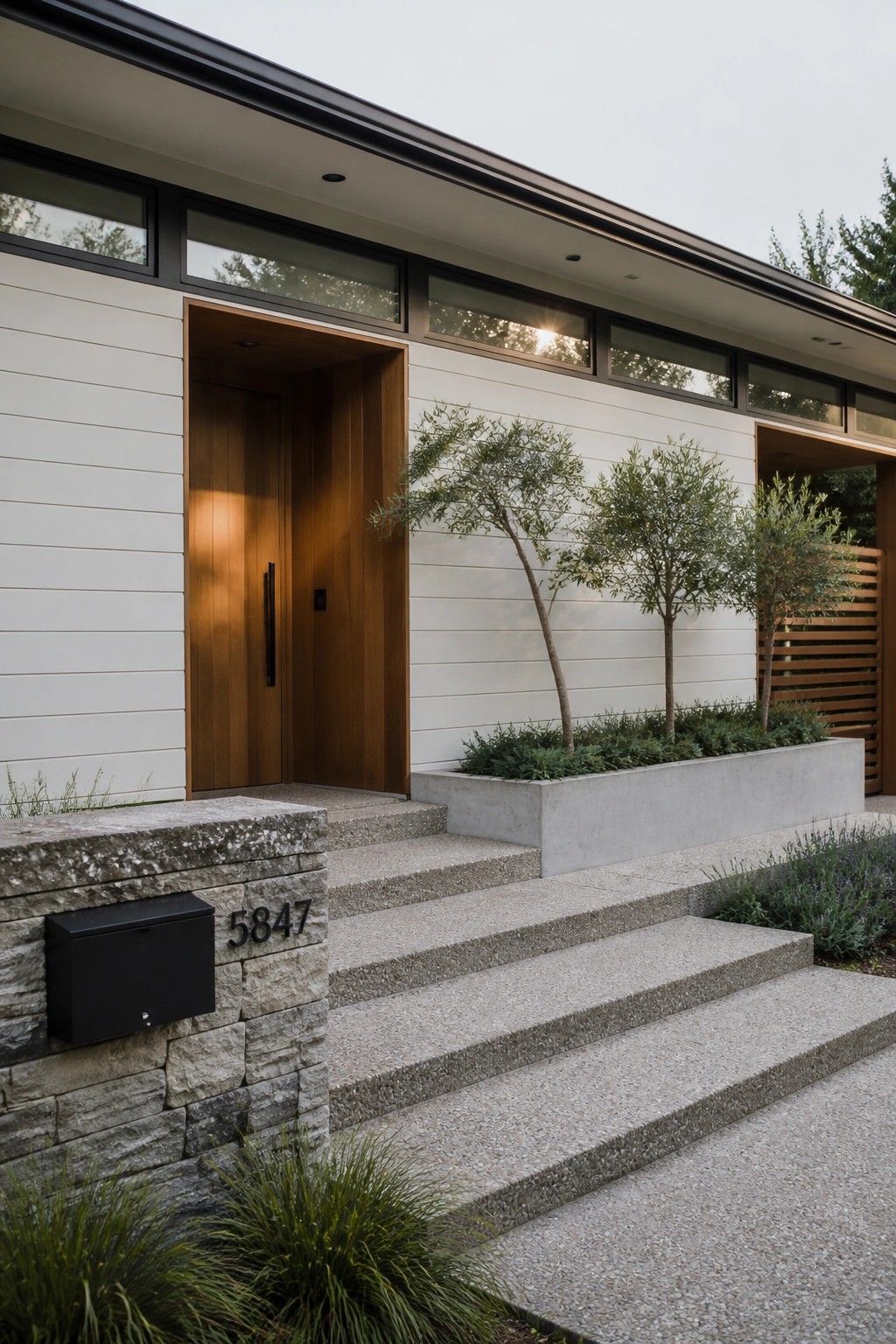 Front of a modern house showing white horizontal siding, a wooden door in a recessed opening, concrete steps, a raised planter with small trees, and a stone base with a black mailbox.